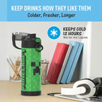 Thermos Funtainer 16 Ounce Stainless Steel Vacuum Insulated Bottle With Wide Spout Lid, Minecraft