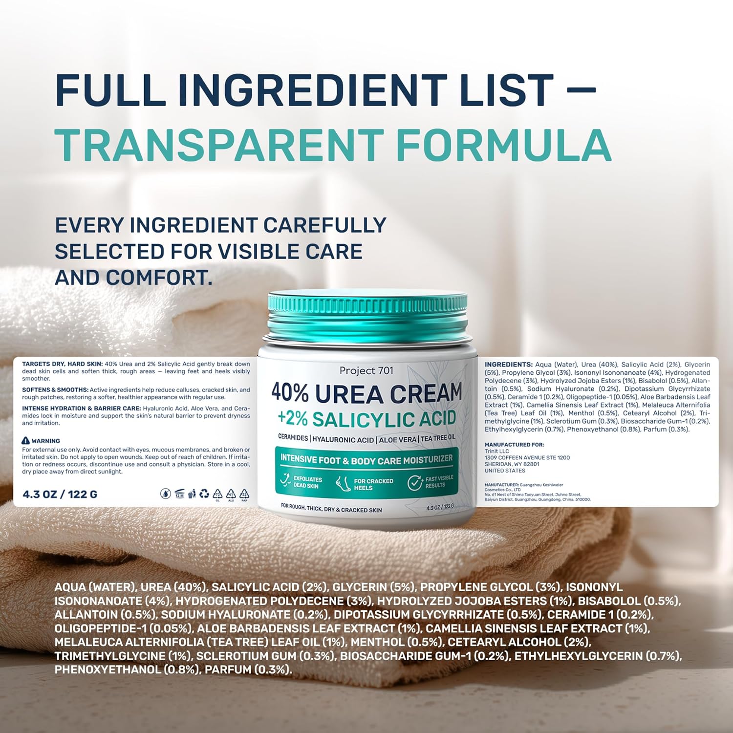Urea Cream 40 Percent for Feet Maximum Strength - Urea Foot Cream and Callus Remover, Exfoliating Heels Cream with Salicylic Acid - Dry Cracked Foot Lotion Urea, Ceramides, Tea Tree Oil, 4.3 oz
