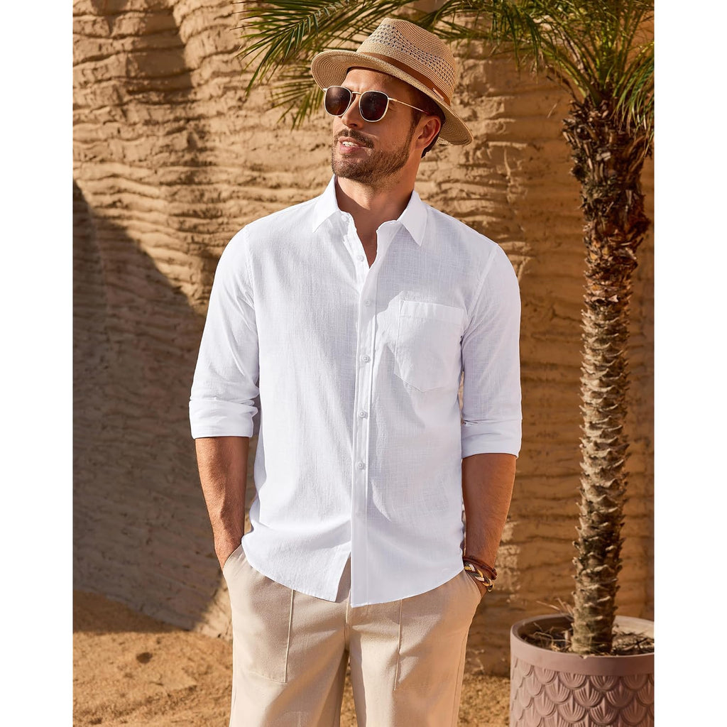 Demeanor Mens Linen Textured Shirt Long Sleeve Casual Cotton Solid Regular Fit Wedding Summer Beach Button Down Shirt