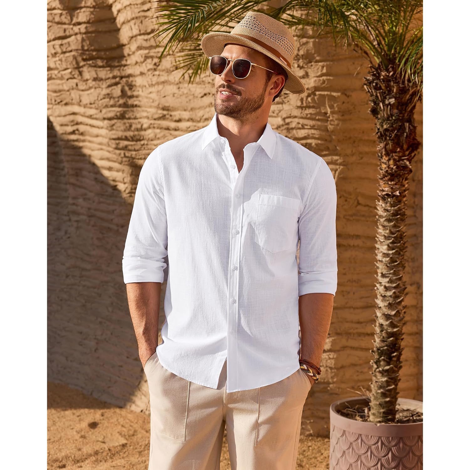 Demeanor Mens Linen Textured Shirt Long Sleeve Casual Cotton Solid Regular Fit Wedding Summer Beach Button Down Shirt