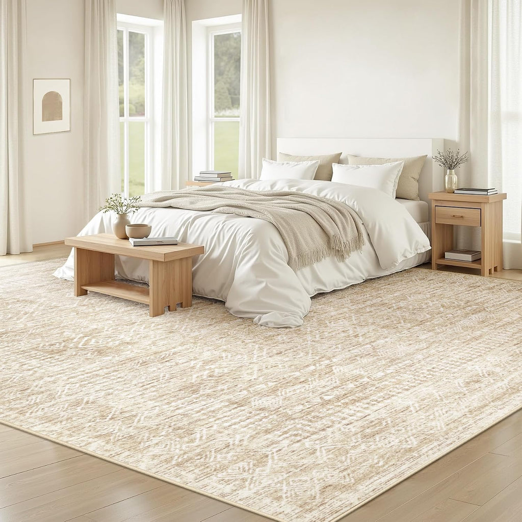 Living Room Rugs 8X10: Washable Moroccan Geometric Boho Rug Farmhouse Non Slip Stain Resistant Large Rug Low Pile Soft Carpet For Bedroom Dining Room Children Room (Beige,8'X10')