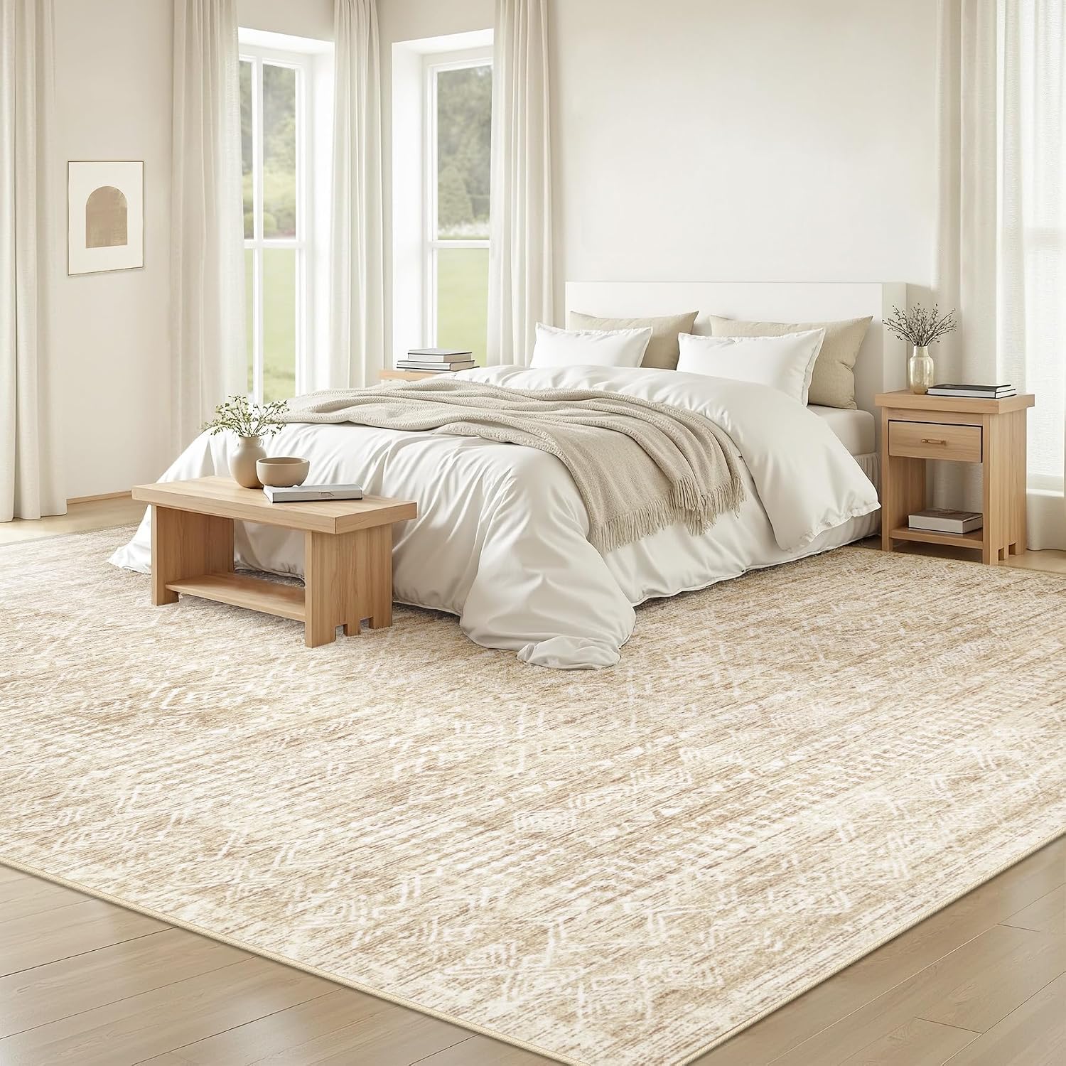 Living Room Rugs 8X10: Washable Moroccan Geometric Boho Rug Farmhouse Non Slip Stain Resistant Large Rug Low Pile Soft Carpet For Bedroom Dining Room Children Room (Beige,8'X10')