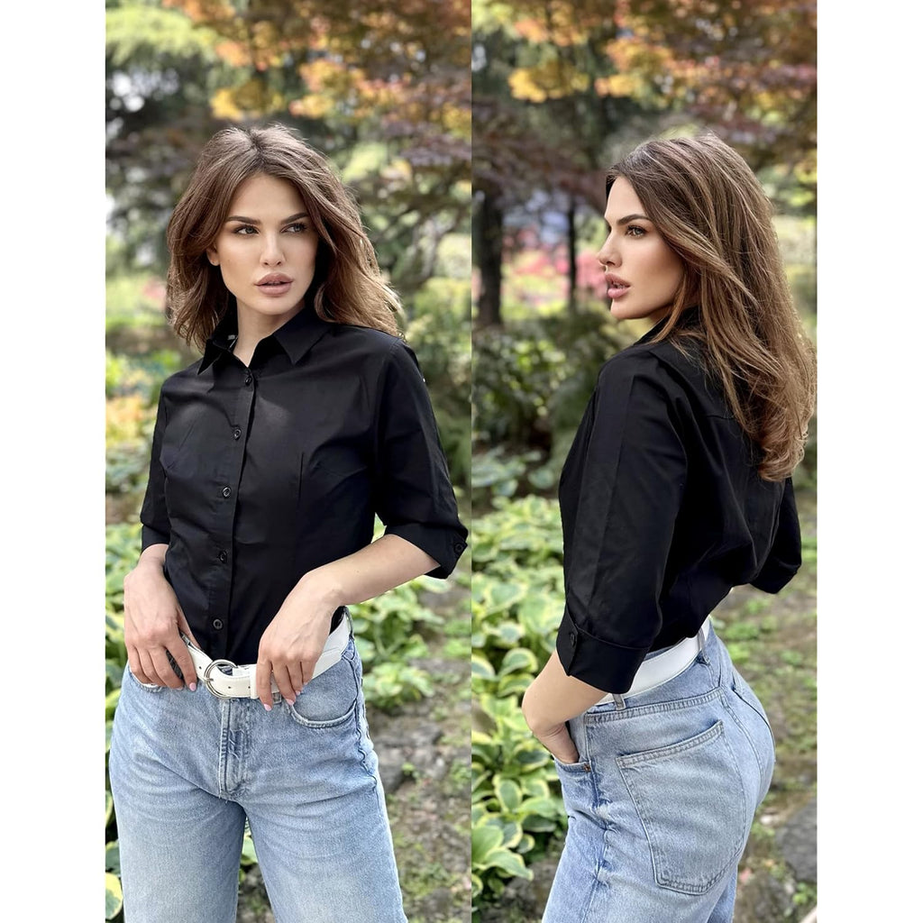 Women's Basic Button Down Shirts 3/4 Sleeve Stretch Button Up Dress Shirt Slim Fit Waitress Work Shirts