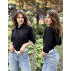 Women's Basic Button Down Shirts 3/4 Sleeve Stretch Button Up Dress Shirt Slim Fit Waitress Work Shirts