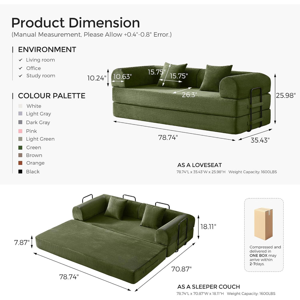79" Convertible Sofa Bed With Fixed-Shape Frame & Removable Armrests, Modular Corduroy Sleeper Sofa, Folding Mattress Couch For Small Spaces - No Assembly Needed In Green (Includes 2 Pillows)