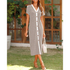 Btfbm Women Casual Summer Dresses Short Sleeve Striped Midi Dresses Decorative Button Ribbed Knit Dresses Party Dresses