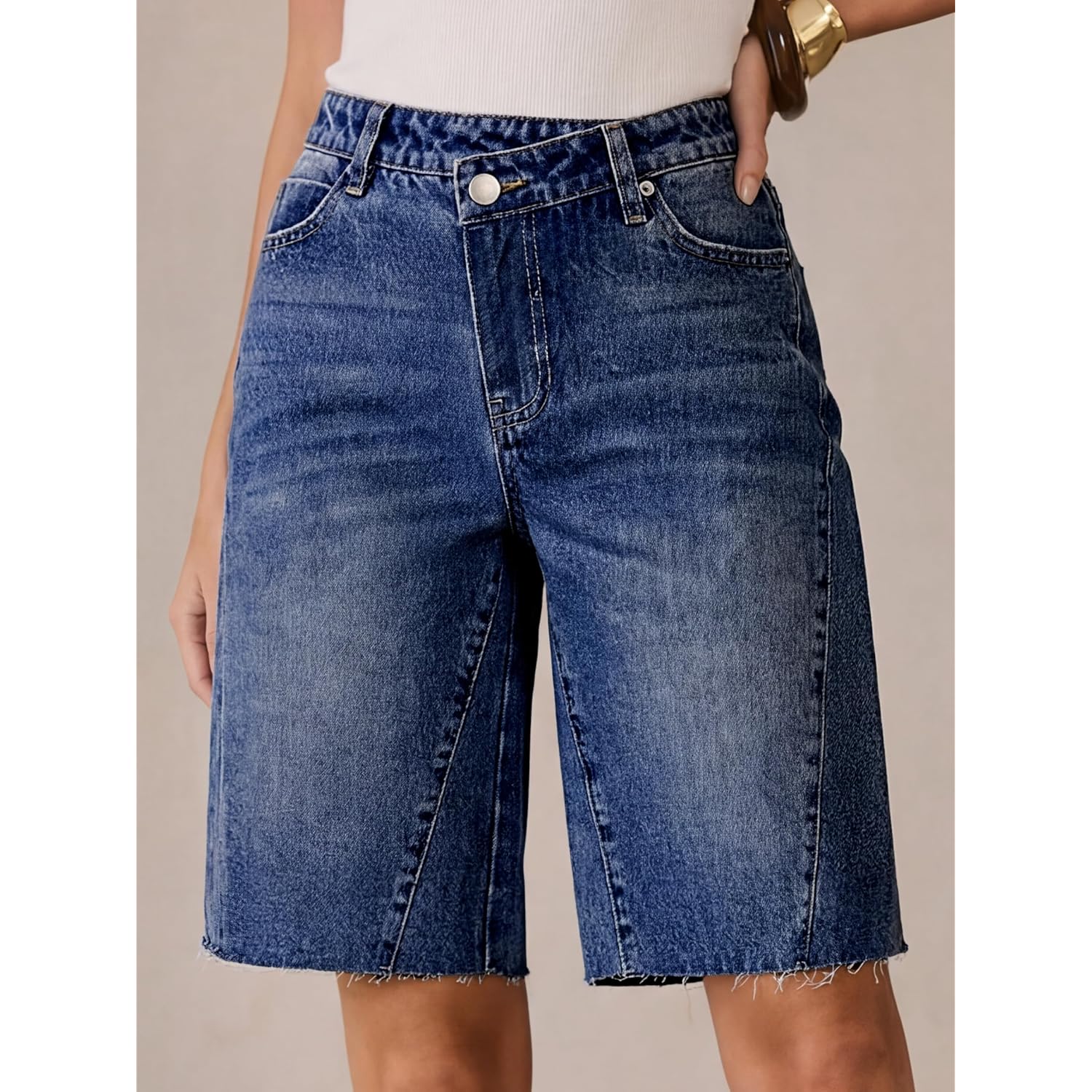 Womens Bermuda Jean Shorts 2026 Summer Knee Length Stretchy Crossover Wide Leg Mid Waisted Casual Denim Shorts Jorts