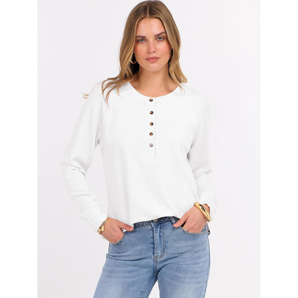 Anrabess Women'S Long Sleeve Waffle Knit Shirts Dressy Casual Loose Button Up V Neck Henley Tops 2026 Fall Basic Tee Blouse