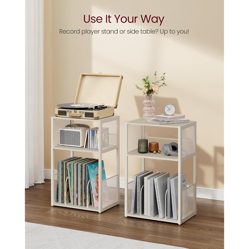 Vasagle Record Player Stand, 3-Tier Side Table, Vinyl Record Storage Up To 100 Albums, End Table For Living Room, Bedroom, Rustic White Ulet275W01