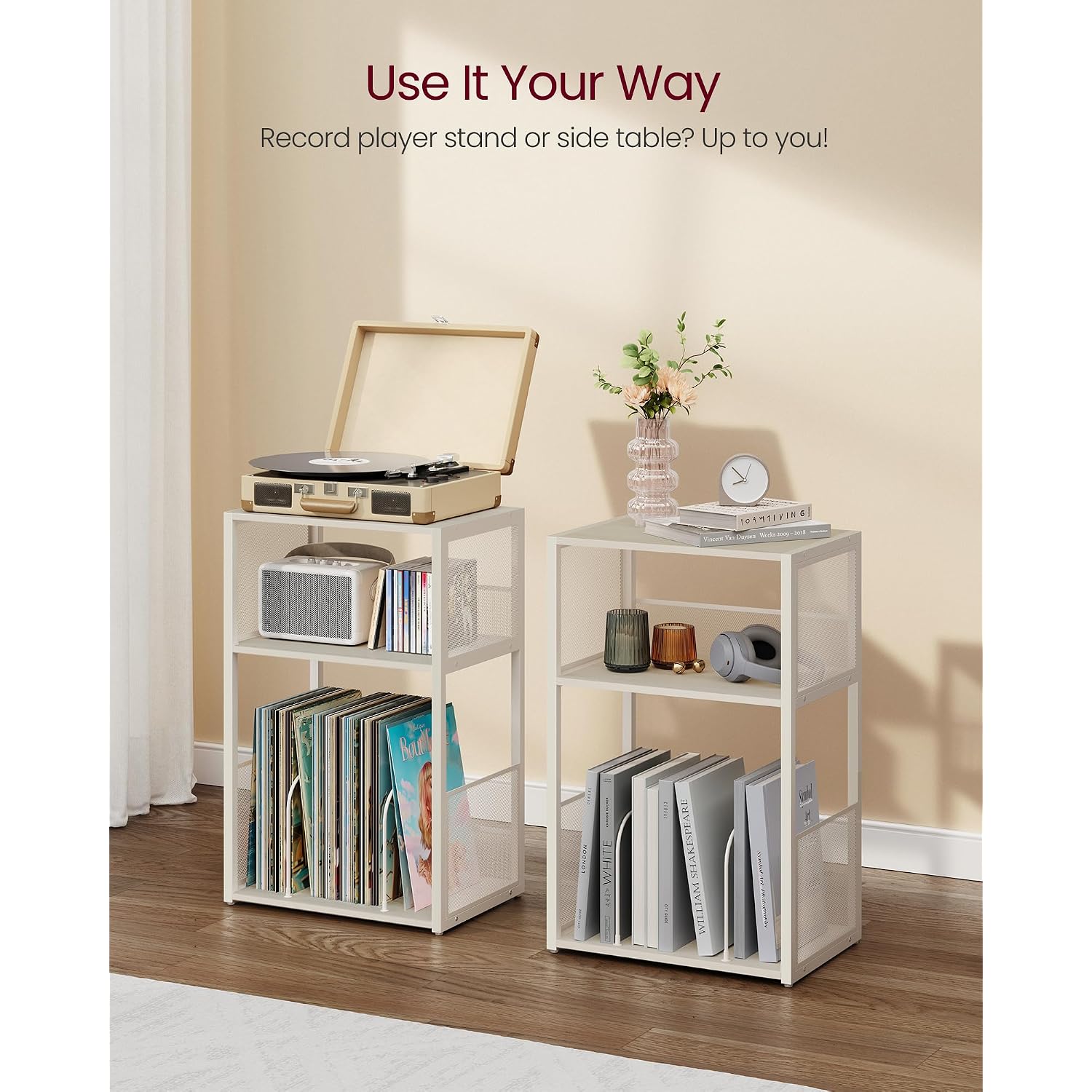 Vasagle Record Player Stand, 3-Tier Side Table, Vinyl Record Storage Up To 100 Albums, End Table For Living Room, Bedroom, Rustic White Ulet275W01