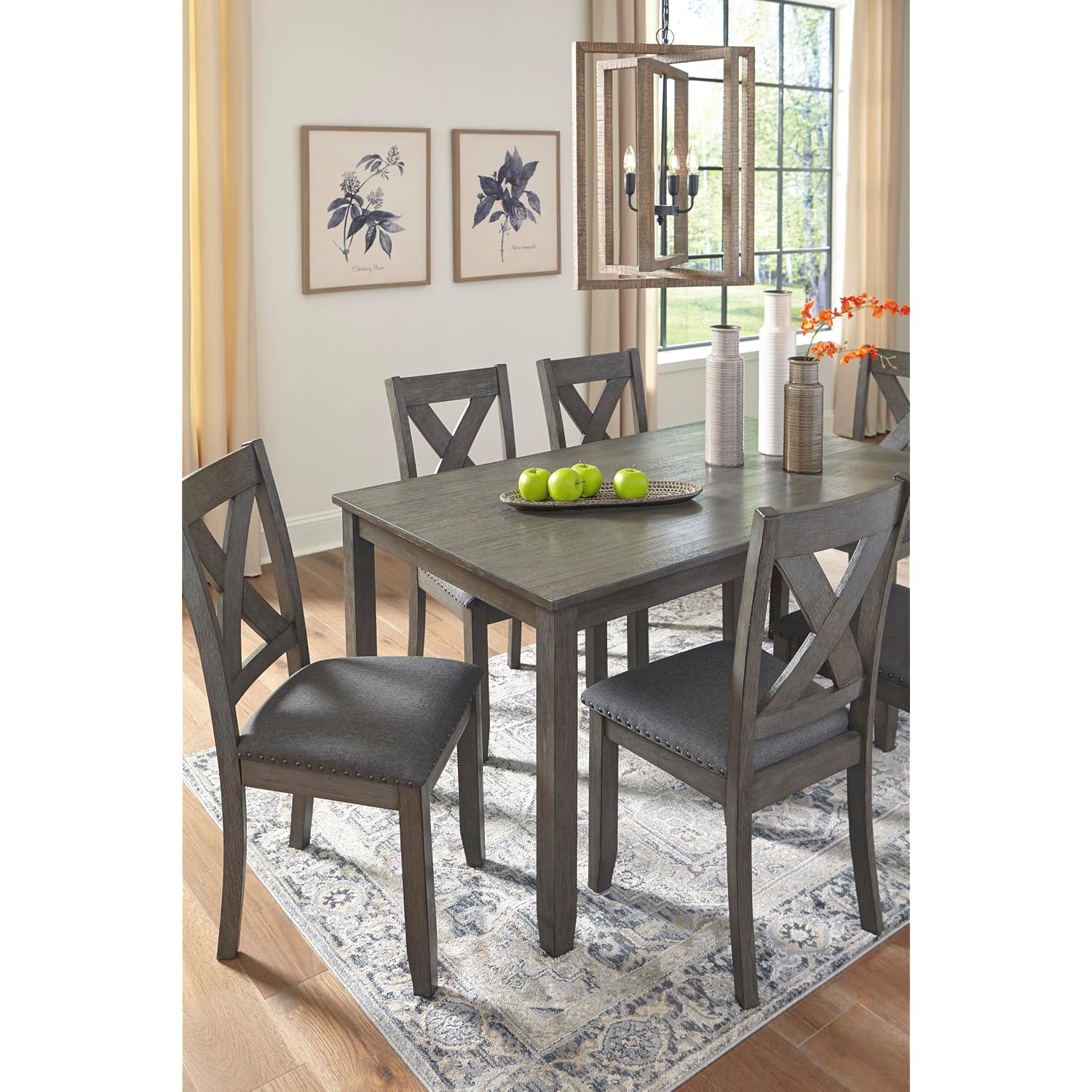 Signature Design By Ashley Caitbrook Rustic 7-Piece Dining Set – Rectangular Table With 6 X-Back Upholstered Chairs, Gray