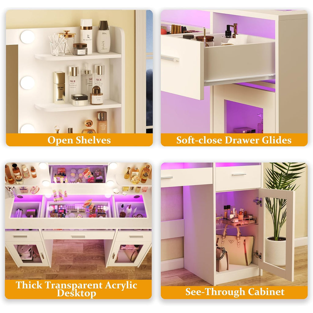 Vanity Desk, Makeup Vanity Desk With Mirror And Lights 3 Colors, Transparent Top With 3 Rgb Drawers, 6 Shelves, 2 Large Tempered Cabinets, Power Outlet, For Bedroom, White