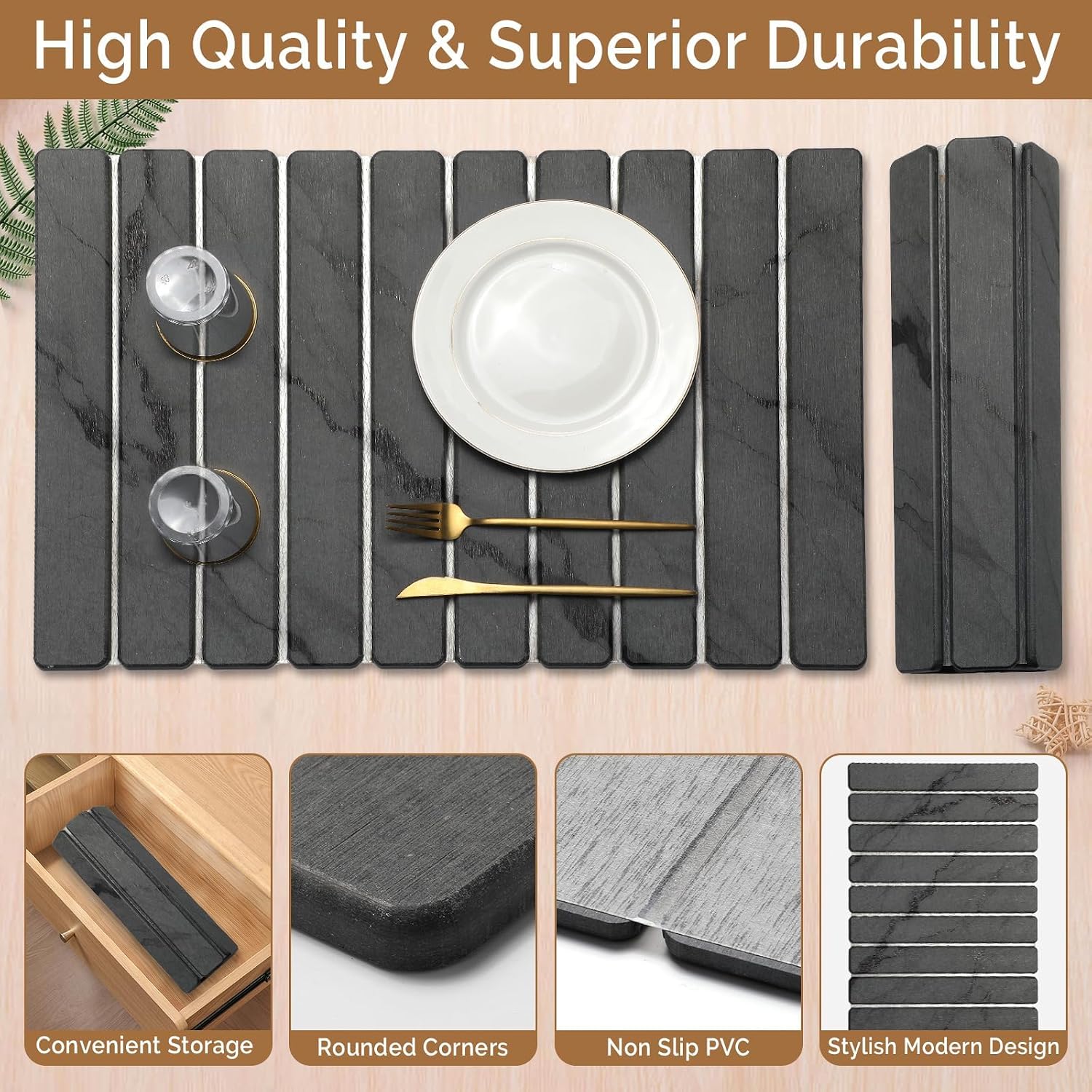 Large Stone Dish Drying Mat For Kitchen Counter, Quick Dry Stone Dishes/Bath Mats,Foldable Water Absorbing Diatomaceous Earth Drying Organizer Pad For Plate Rack Bottles Utensils(Dark Gray 24"×16")