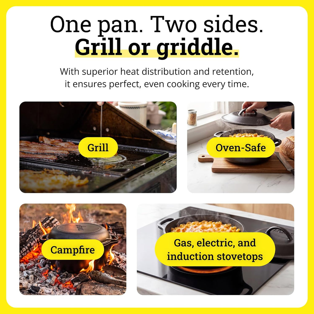 Lodge Pro-Grid Reversible Grill/Griddle - 20 Inches X 10.5 Inches - Dual-Sided Cast Iron Griddle - Double Burner Grill - Even Heat Distribution - Pfas-Free Non-Toxic Cookware
