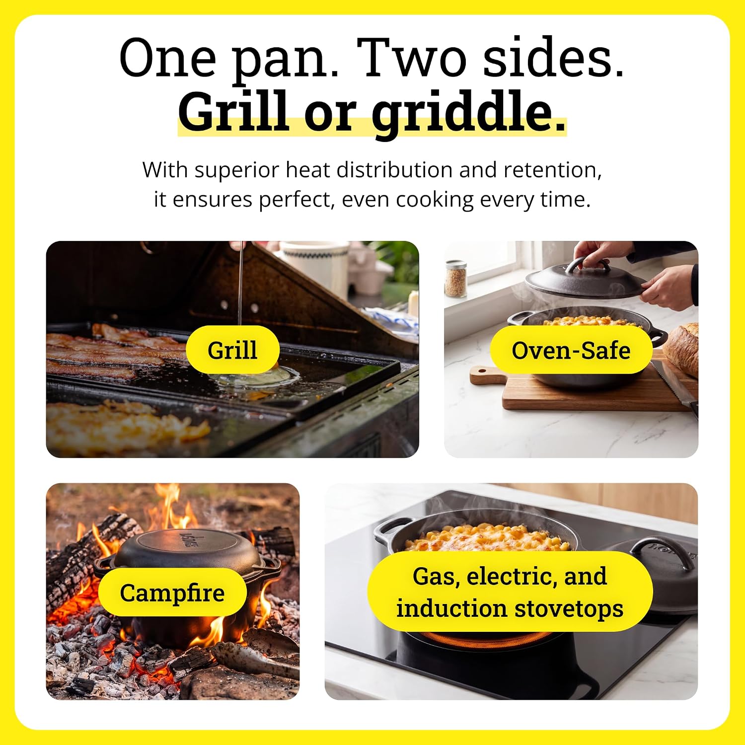 Lodge Pro-Grid Reversible Grill/Griddle - 20 Inches X 10.5 Inches - Dual-Sided Cast Iron Griddle - Double Burner Grill - Even Heat Distribution - Pfas-Free Non-Toxic Cookware