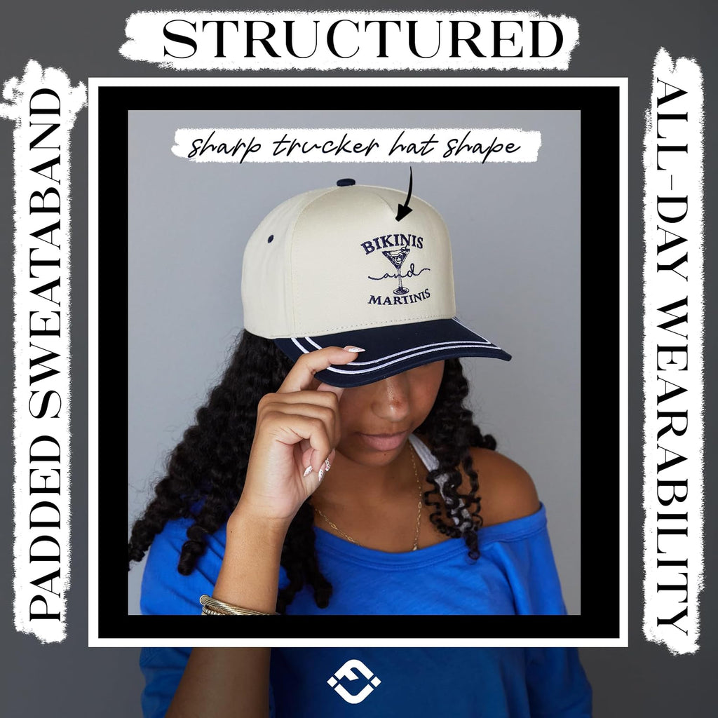Funky Junque Trucker Hats for Women - Funny Retro 2 Tone Snapback Cap with Embroidered Brim, Cute Country Western Style Bikinis and Martinis - Navy/Beige