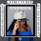 Funky Junque Trucker Hats for Women - Funny Retro 2 Tone Snapback Cap with Embroidered Brim, Cute Country Western Style Bikinis and Martinis - Navy/Beige