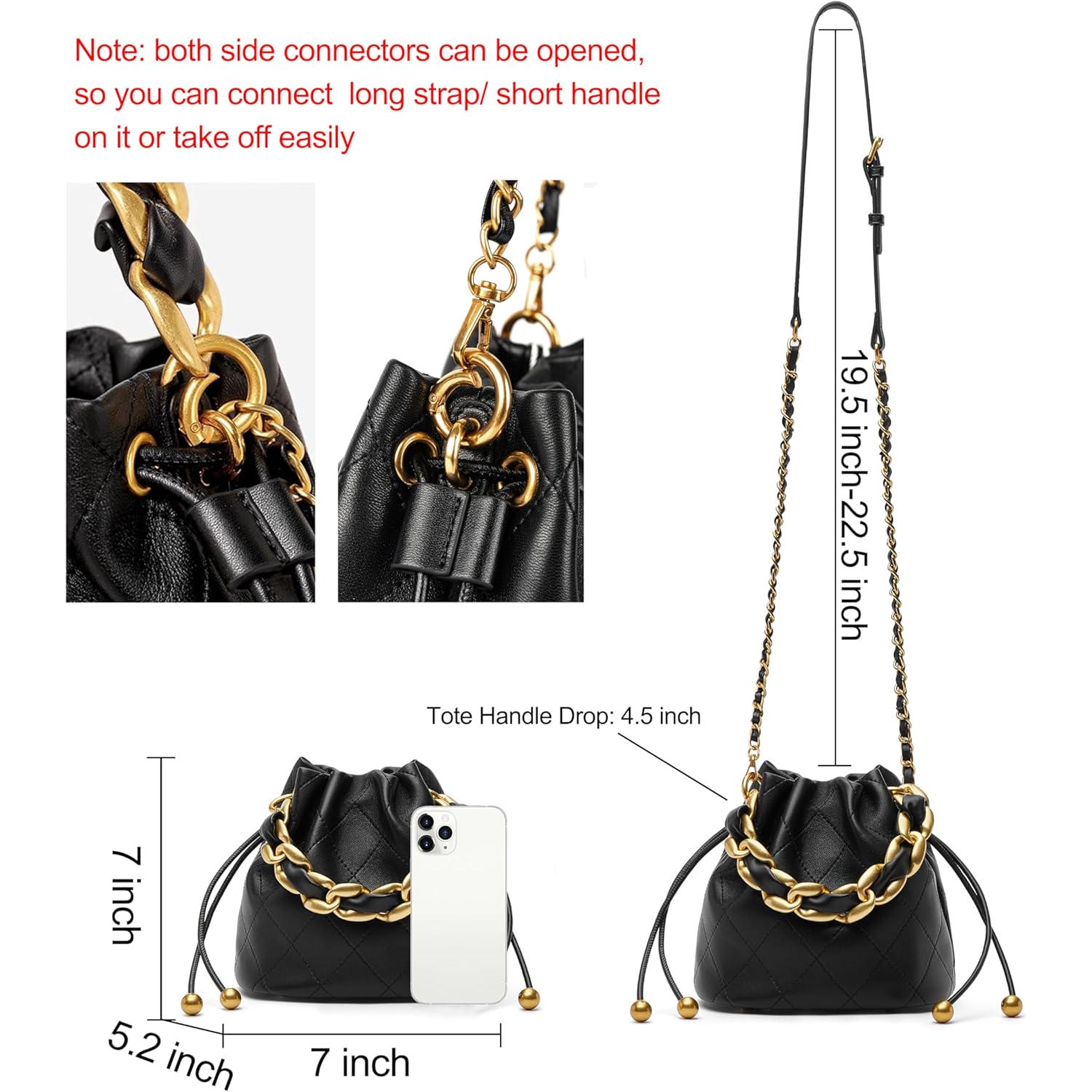 DORIS&JACKY Small Top Handle Bucket Bag, Designer Lambskin Drawstring Crossbody Purse with Chunky Chain Tote Strap