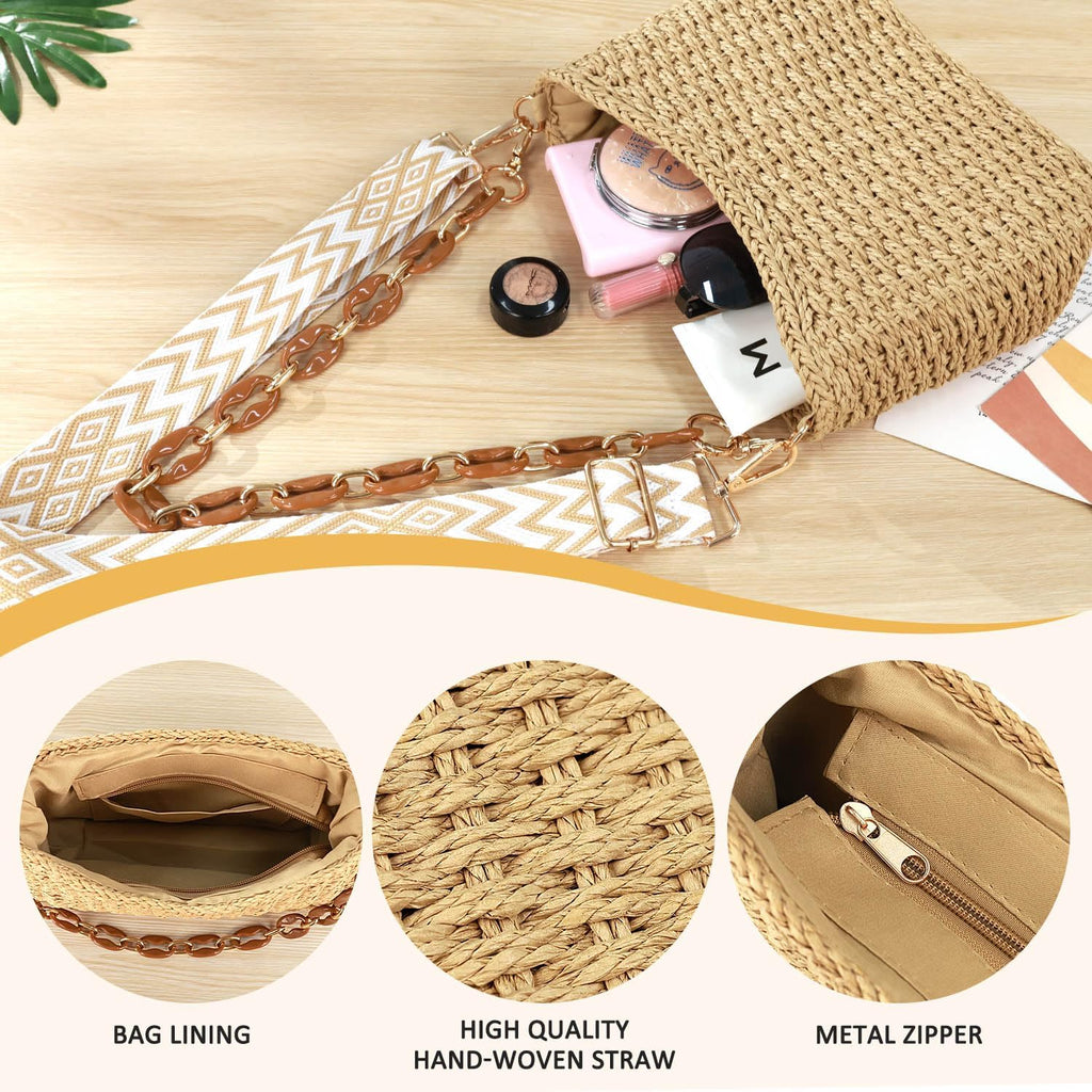 Straw Handbags Purses Crossbody Pocketbook Bag Casual Woven Beach Bags Summer Hobo Hippie Chic Tote Bags with Chain