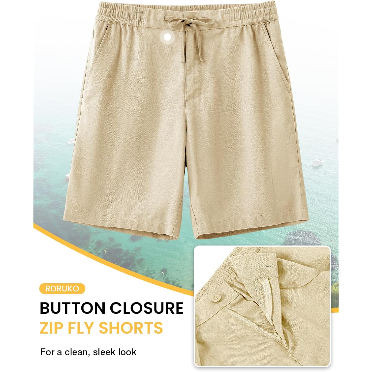 Rdruko Men'S Casual Shorts, 9" Linen Zipper Pocket Shorts Elastic Waist Drawstring Breathable For Summer Vacation Lounge