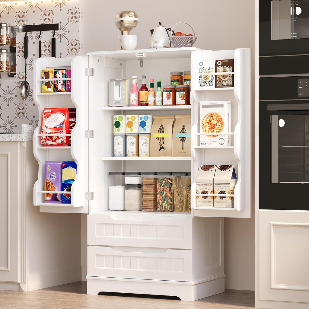 Gizoon Kitchen Pantry Cabinet With Drawers For Dining Room, 47" Small Food Pantry Storage Cabinet With 6 Door Shelves For Snack And Spice, Craft Storage Cabinet For Craft Room, White, Painted