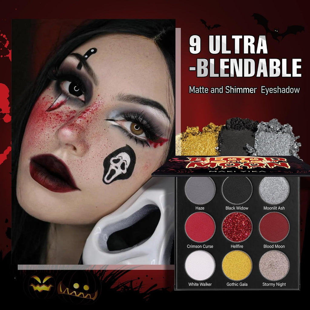 Maki Yika Black Red Eyeshadows Palette 9Color Pigmented Dark Red Black Grey Eye Shadows Long Lasting Eyeshadow Halloween Goth Eye Makeup-Black Red