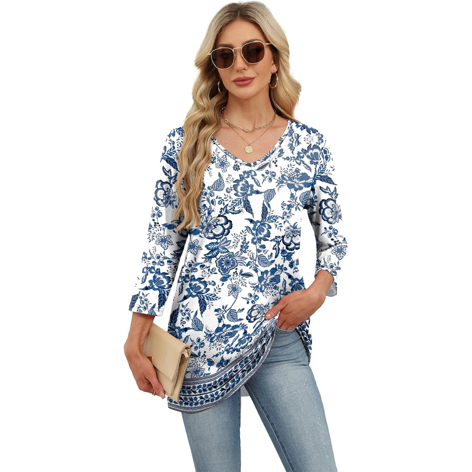 OFEEFAN 3/4 Length Sleeve Womens Tops Dressy Casual Plus Size Tunics to Wear with Leggings