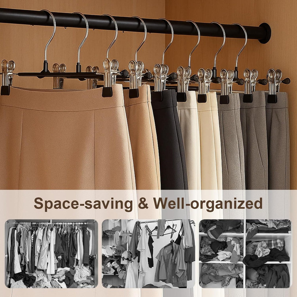 Pozean Pants Hangers With Clips For Women 30 Pack, 12Inch Adjustable Heavy Duty Skirt Hangers, Space Saving Non-Slip Shorts Jeans Trousers Clothes Hangers, Black
