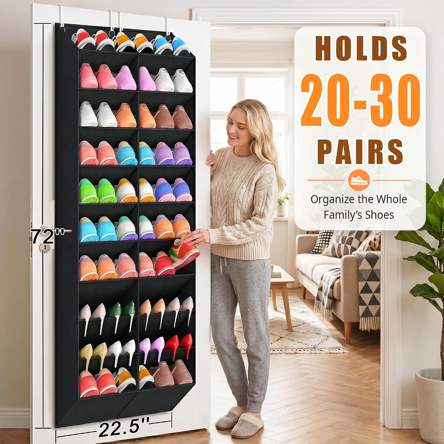 20-30 Pairs Over The Door Shoe Organizer, Breathable Pockets Hanging Shoe Storage For Closet, 10-Tier Door Shoes Rack, Handing Shoes Holder Fit All The Family'S Sneakers, Boots, Heels, Black