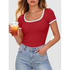 Anrabess Women Short Sleeve Tops Square Neck Ribbed Knit Color Block T Shirts Fitted Casual Summer 2026 Trendy Basic Tees