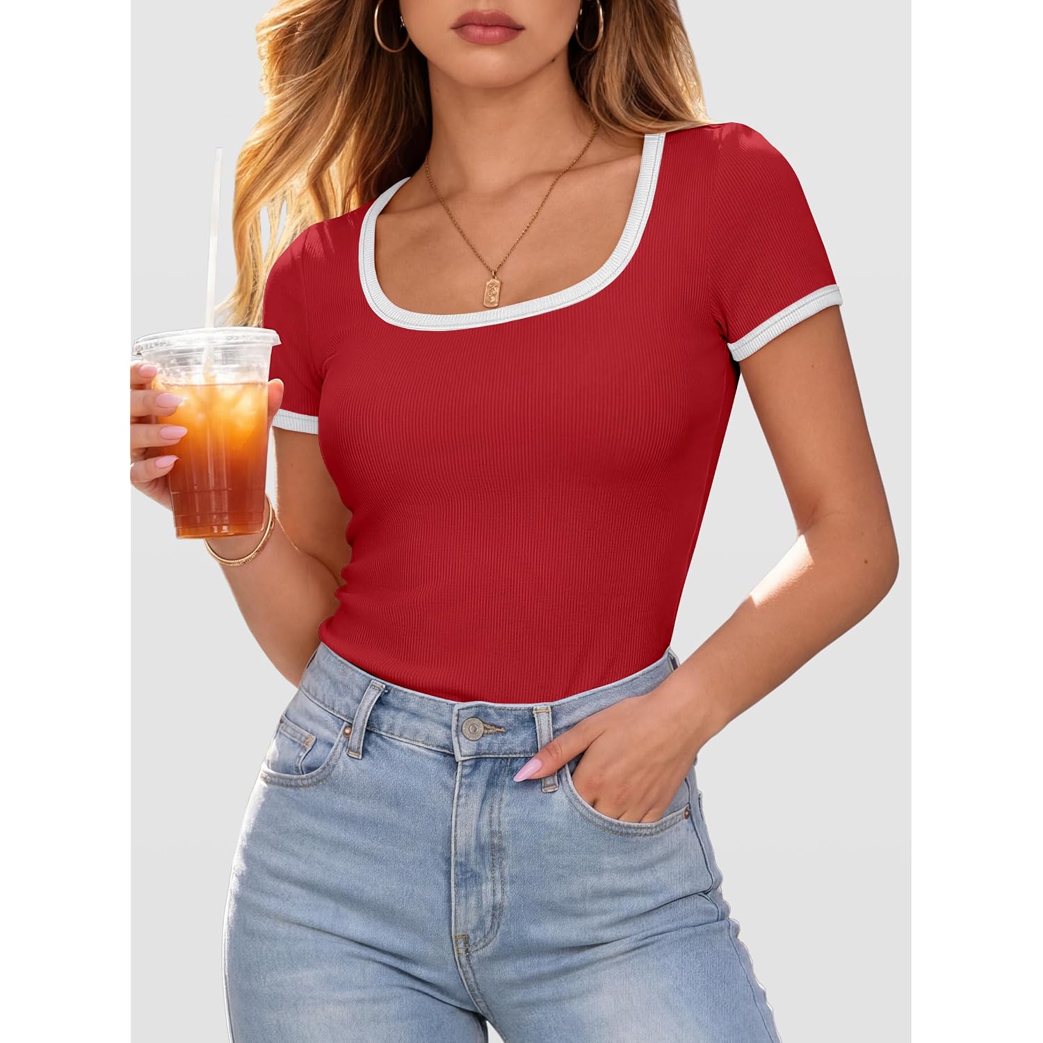 Anrabess Women Short Sleeve Tops Square Neck Ribbed Knit Color Block T Shirts Fitted Casual Summer 2026 Trendy Basic Tees