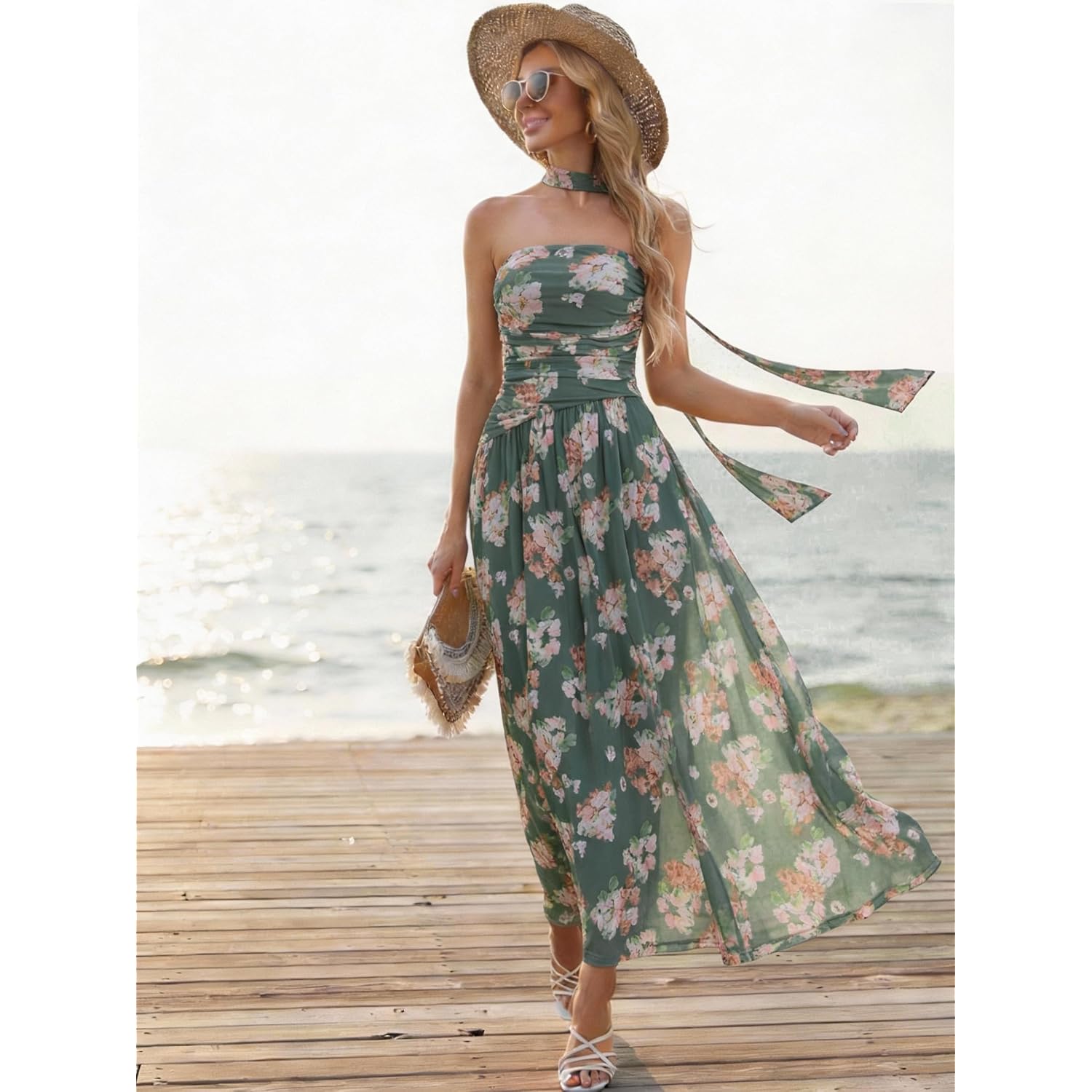 Summer Maxi Dresses For Women 2026 Strapless Ruched Tube Dress With Scarf Beach Vacation Spring Wedding Guest Dress Pockets