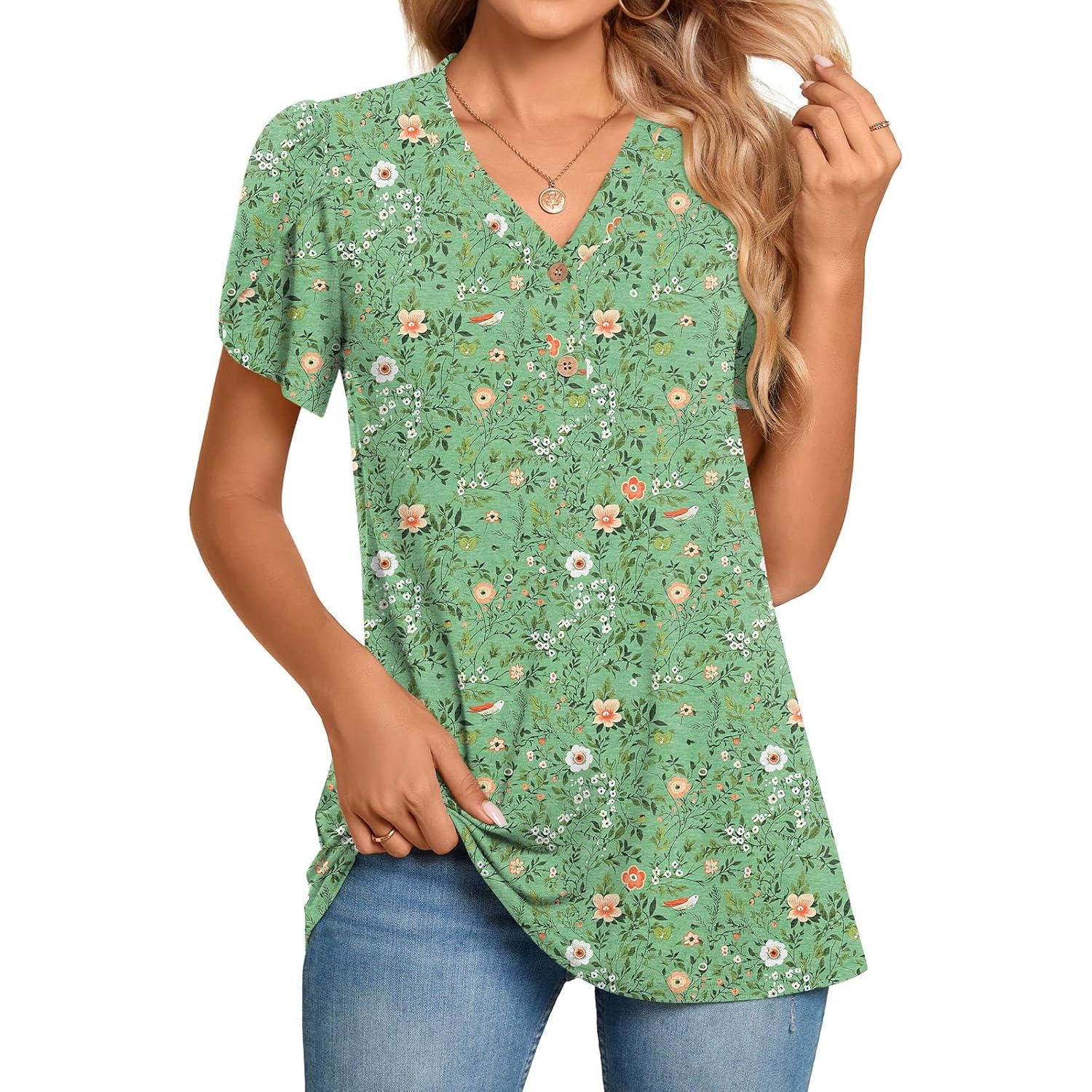 2026 Women's Summer Henley V-Neck Button Up Tunic Top Petal Sleeve Comfy Blouse Casual T-Shirt Sizes M-3XL