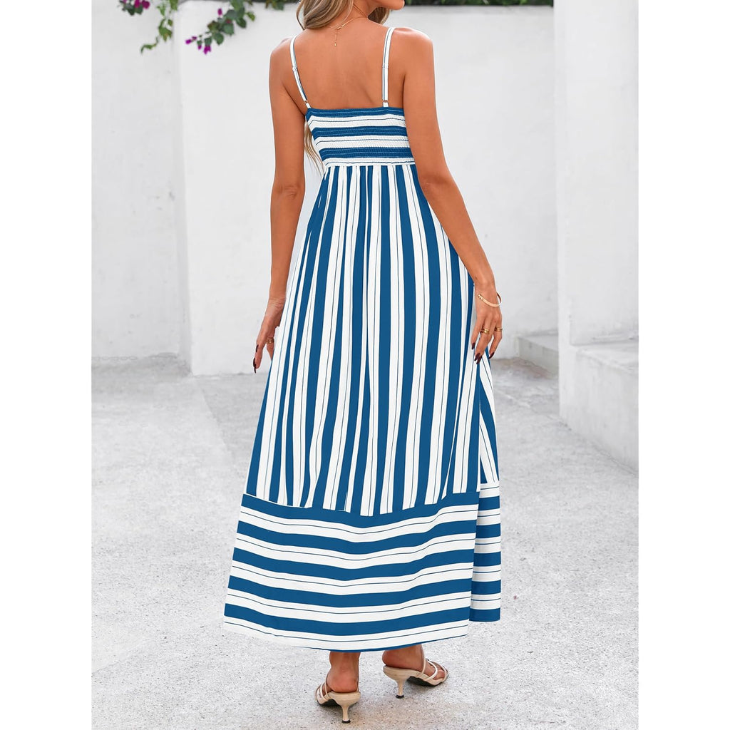 Prettygarden Women Summer Maxi Dresses 2026 Spaghetti Strap Boho Floral Striped Wedding Guest Beach Vacation Flowy Long Dress