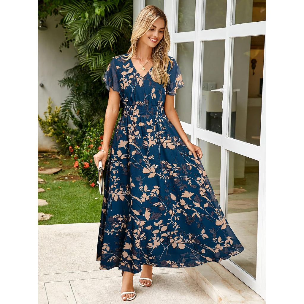 Simplee Womens Floral Maxi Dress - Short Sleeve Summer Boho Wedding Guest Dress Empire Waist Chiffon Modest Midi Dresses