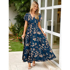 Simplee Womens Floral Maxi Dress - Short Sleeve Summer Boho Wedding Guest Dress Empire Waist Chiffon Modest Midi Dresses