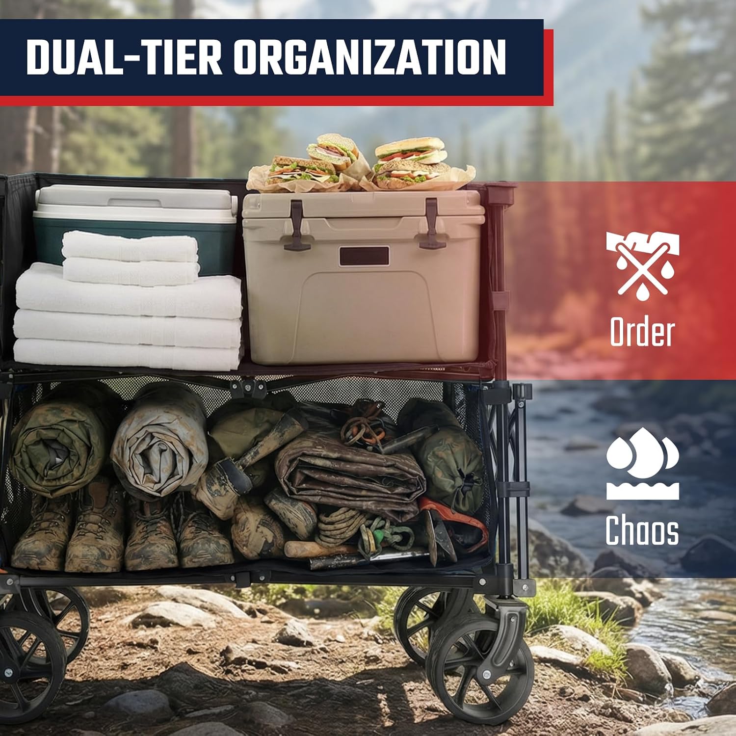 Sekey 500Lbs Heavy Duty Double Decker Wagon With Extender, 400L Large Capacity Collapsible Garden Cart Fits 10X10 Canopy, All-Terrain Big Wheels With Brakes, Foldable Utility Wagon For Sports, Camping