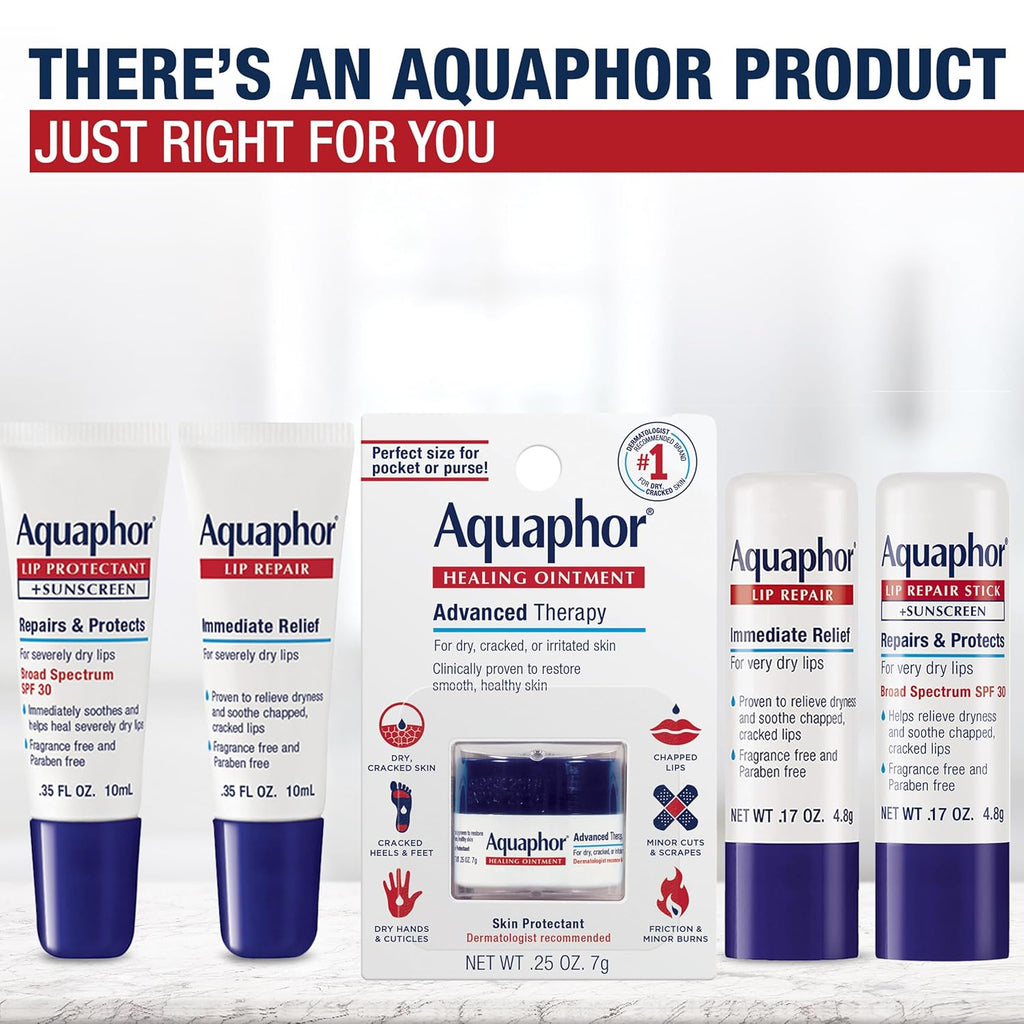 Aquaphor Lip Repair Stick with Jojoba Oil and Shea Butter, Moisturizing Lip Balms, Fragrance Free and Paraben Free, Immediately Relieves Dryness, 0.17 Oz Stick, Pack of 4