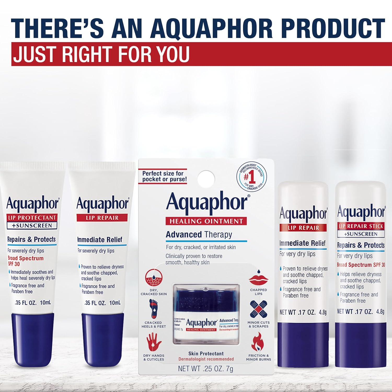 Aquaphor Lip Repair Stick with Jojoba Oil and Shea Butter, Moisturizing Lip Balms, Fragrance Free and Paraben Free, Immediately Relieves Dryness, 0.17 Oz Stick, Pack of 4