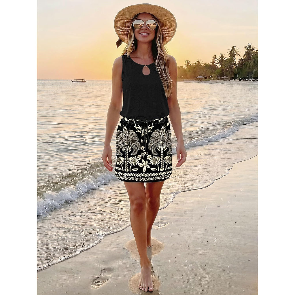 Saukole Womens Summer Causal Loose Sleeveless Crew Neck Drawstring Waist Mini Short Dress With Pockets