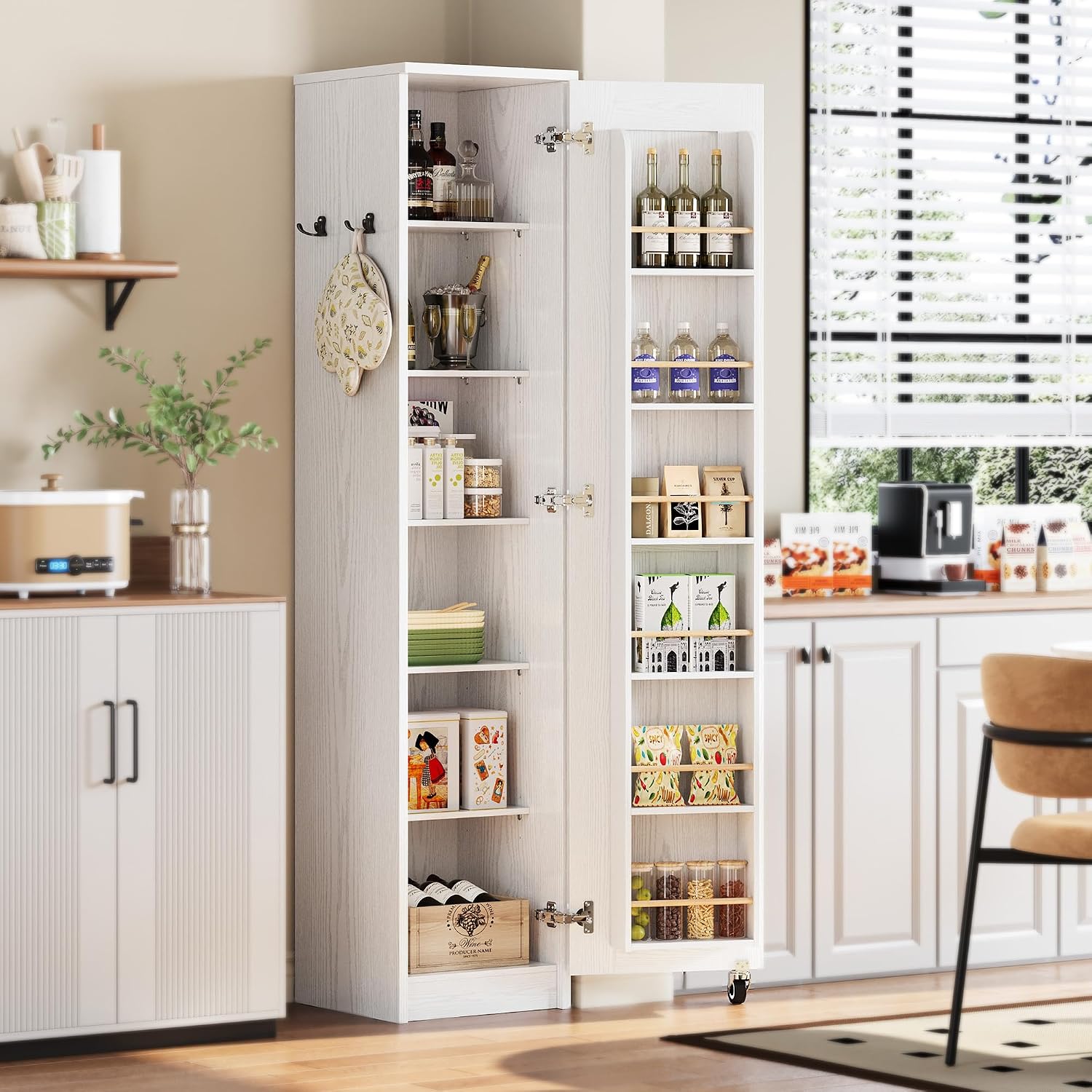 Ironck Narrow Kitchen Pantry Cabinet, 72" H,Slim For Small Place, White | Single Door With 6 Adjustable Shelves, Door Rack And Wheels, Space Saving Freestanding Storage Floor Cabinet