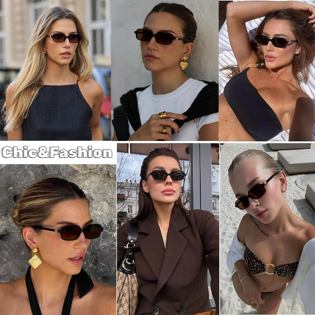 Trendy Small Rectangle Sunglasses For Women Vintage Retro Sun Glasses With Thin Narrow Frame 90S Y2K Fashion Essential