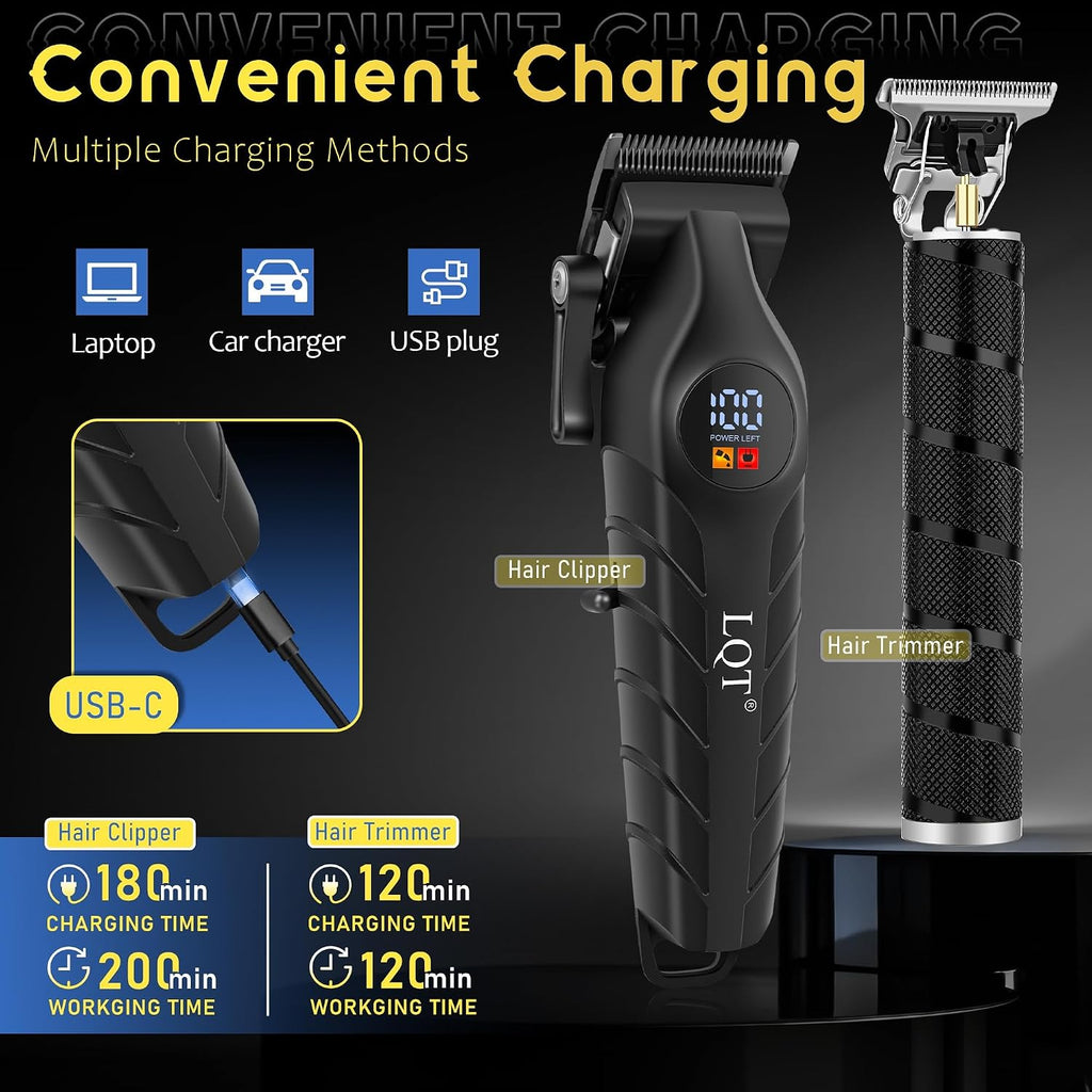 Men'S Professional Cordless Hair Clippers & Trimmer Kit, 4-In-1 Electric Shaver Set With Led Display, Waterproof Body Groomer, Nose Trimmer & T-Blade For Bald Head, Full Barber Kit (Black)