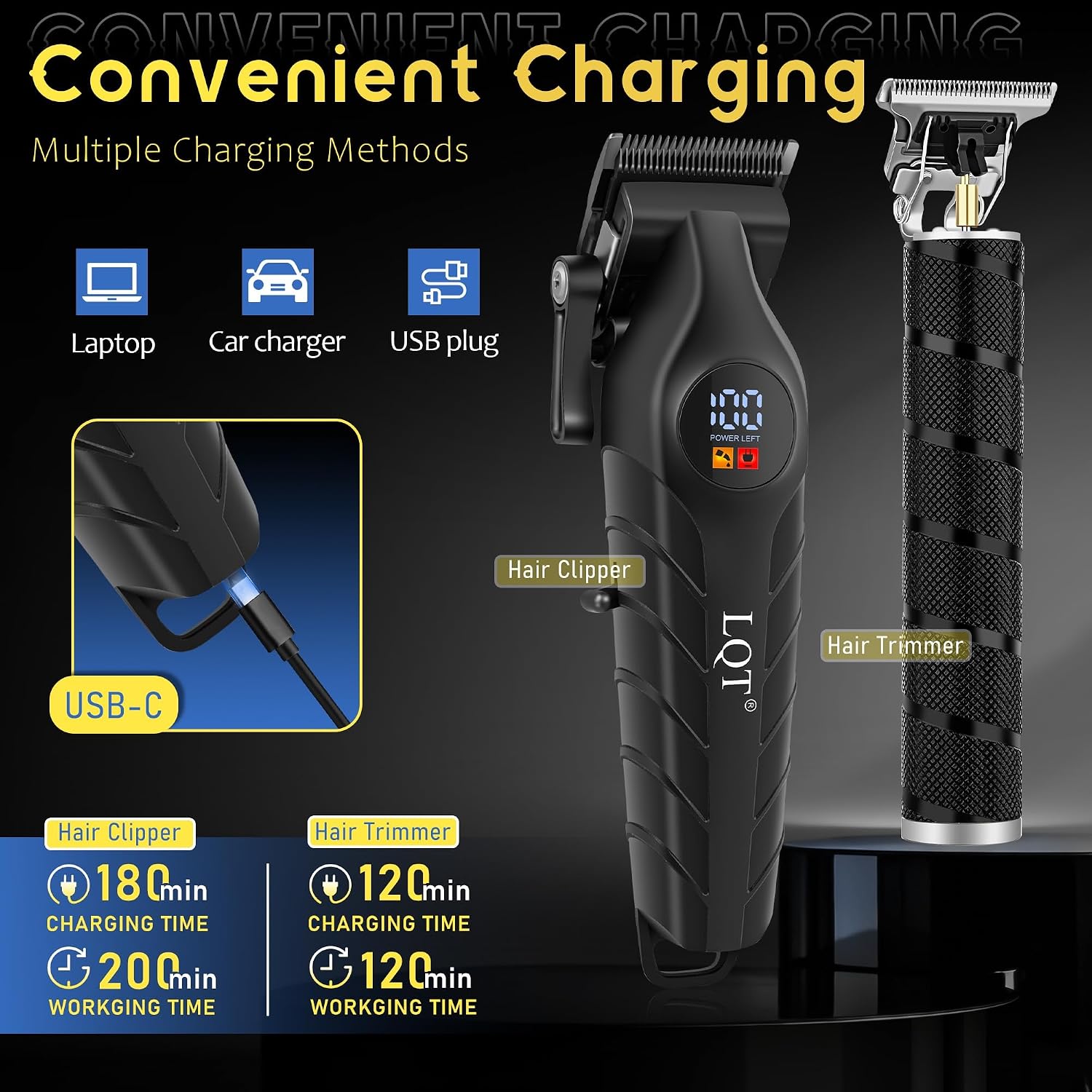 Men'S Professional Cordless Hair Clippers & Trimmer Kit, 4-In-1 Electric Shaver Set With Led Display, Waterproof Body Groomer, Nose Trimmer & T-Blade For Bald Head, Full Barber Kit (Black)