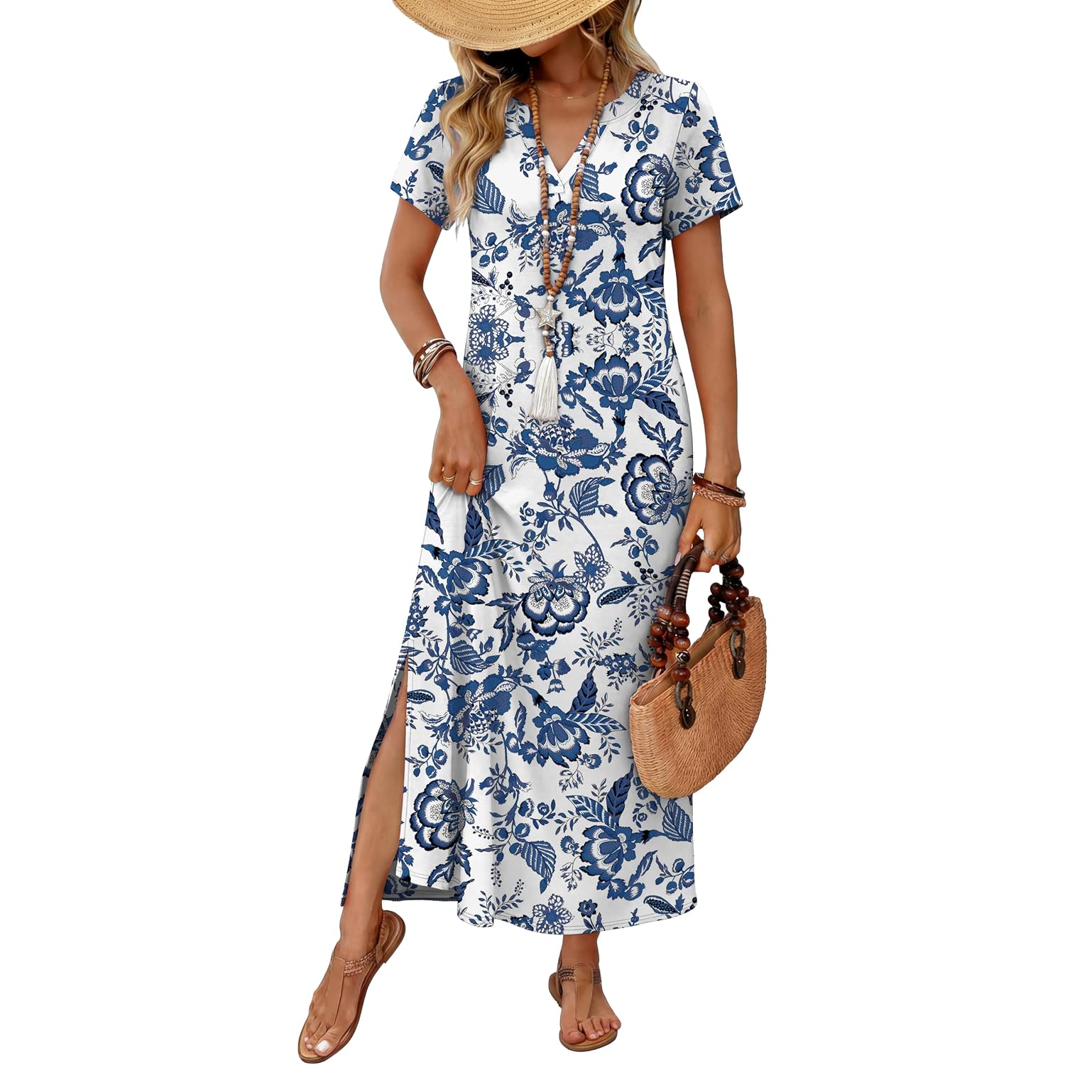 Ofeefan Summer Dresses For Women 2026 Maxi Dress Short Sleeve Sundresses With Pockets Beach Vacation Spring Outfits