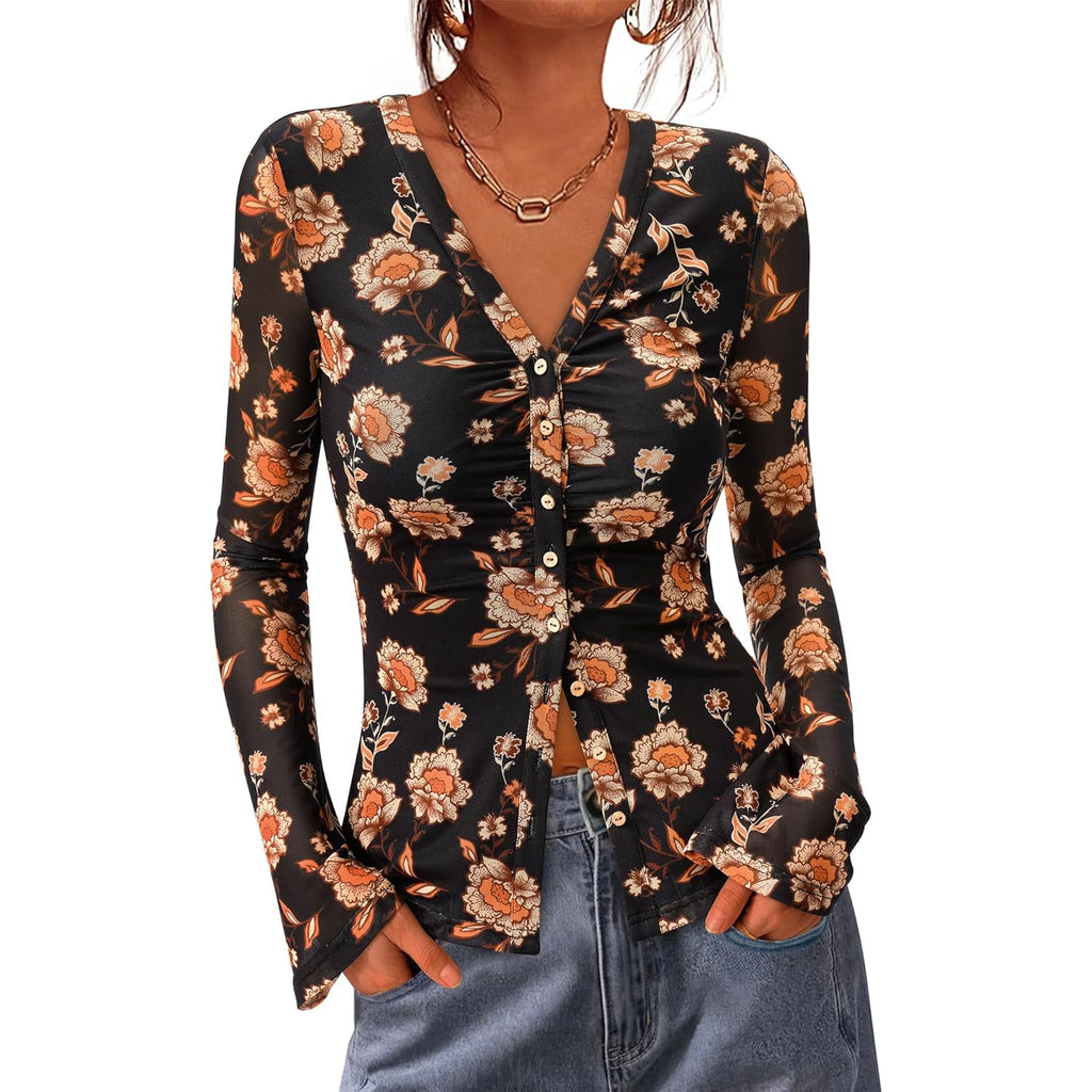 Button Down Shirts for Women 2026 Spring Boho Tops V Neck Long Sleeve Blouses Ruched Mesh Fitted Fashion Clothing