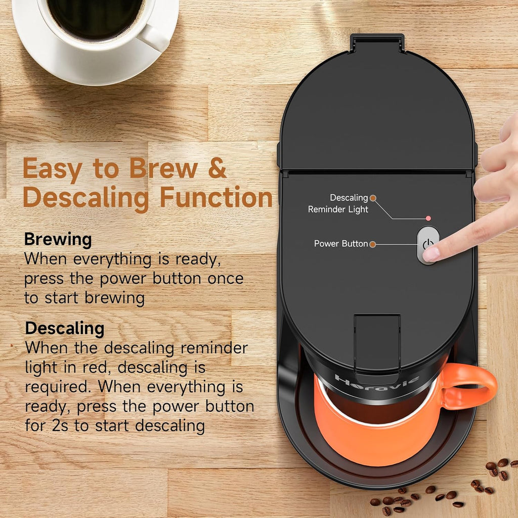 Horavie Small Single Serve Coffee Maker, Fast Brew One Cup Coffee Machine For K Cup And Grounds, 6 To 12 Oz. Brew Sizes, Pod Coffee Maker With Descaling Reminder And Viewing Tank, Black