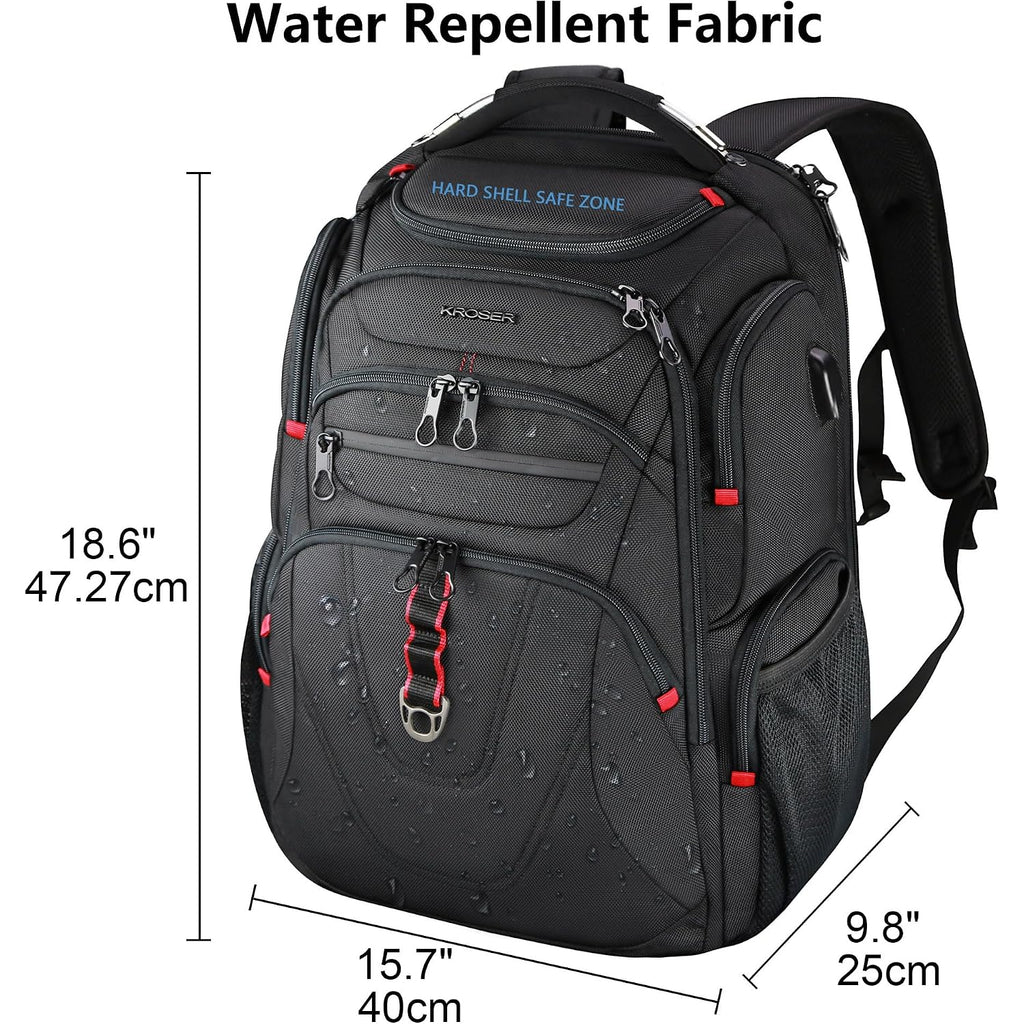 Kroser Tsa Friendly Travel Laptop Backpack 17.3 Inch Xl Computer Backpack Water-Repellent College Daypack Business Backpack With Rfid Pockets & Usb Port For Men/Women-Black