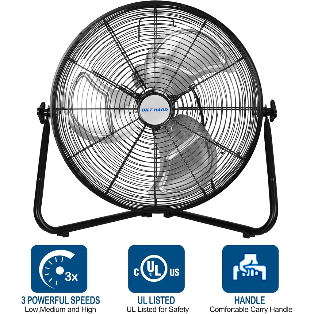 Bilt Hard 20 Inch Heavy Duty Floor Fan - 4650 Cfm High Velocity, 3-Speed With Wall-Mounting System, Industrial Shop Fan For Commercial, Garage, And Greenhouse