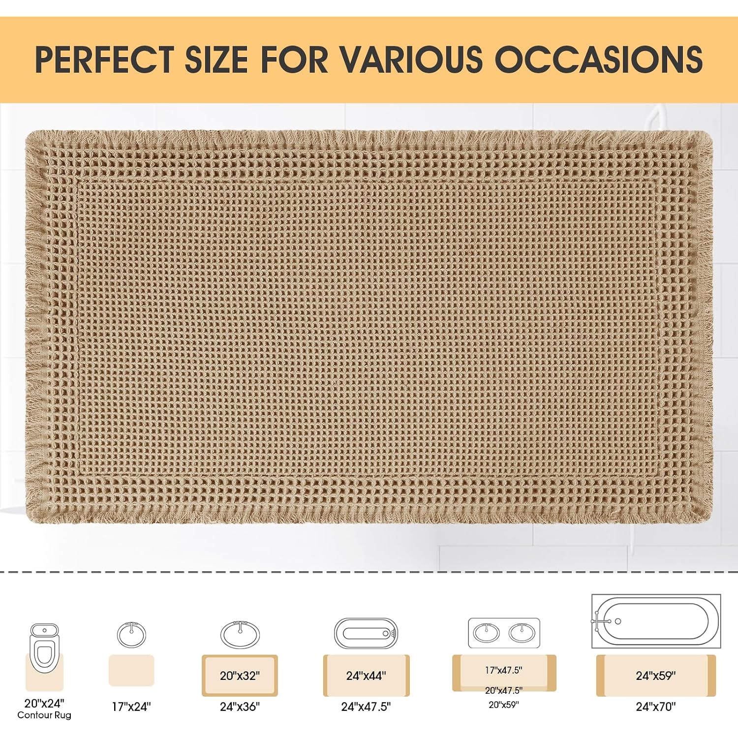 Upgrade Waffle Bath Mat, Boho Bathroom Rugs Absorbent Non Slip, Ultra Soft Bathroom Mat, Machine Washable Knit Bath Rugs With Border For Bathroom, Bedroom, Kitchen, Shower, Tub, 32"X20", Beige